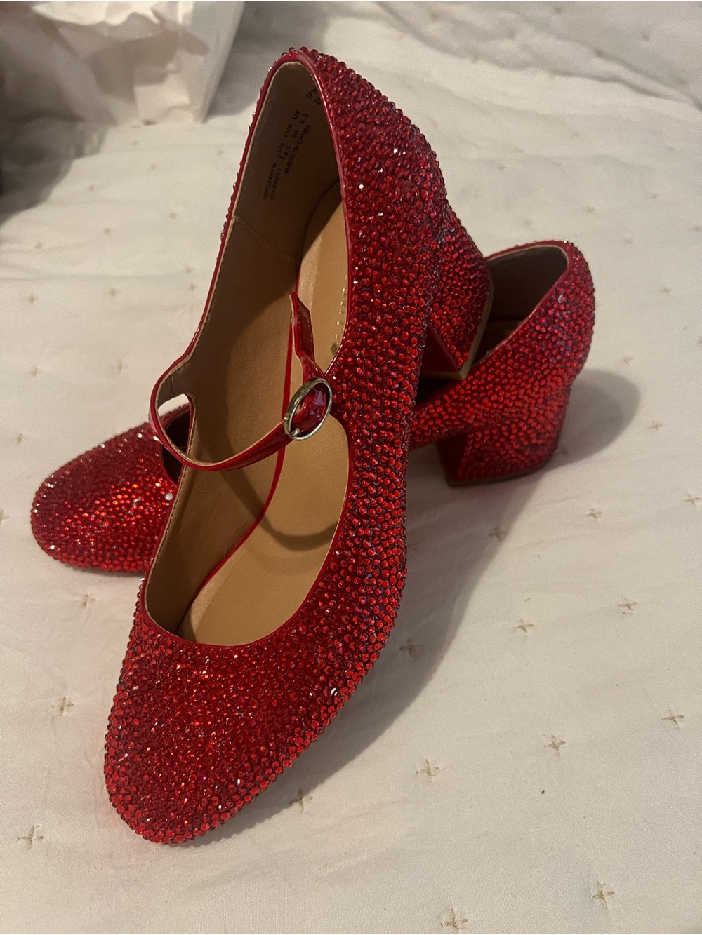 Red Crystal Mary Jane Block Heel Pumps - Halloween Dorothy sparkle shoes